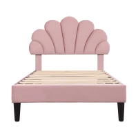 3FT Single Upholstered Velvet Bed Frame with Adjustable Petal Headboard, No Box Spring Needed, Easy Assembly, 194L x 107W x 107H cm, Pink(m-2)