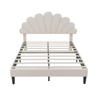 Double Upholstered Velvet Bed Frame with Adjustable Petal Headboard, Solid Wood Slat, No Box Spring Needed, Easy Assembly, Beige(m-11)