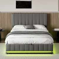 Upholstered Double Bed with Storage, LED Lighting, Channel Tufted Headboard, Modern PU Leather Ottoman Bed, 201L x 147W x 114H cm, Grey(m-1)