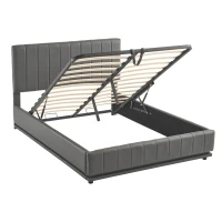 Upholstered Double Bed with Storage, LED Lighting, Channel Tufted Headboard, Modern PU Leather Ottoman Bed, 201L x 147W x 114H cm, Grey(m-13)