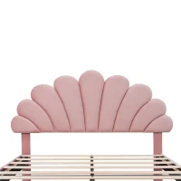 Double Upholstered Velvet Bed Frame with Adjustable Petal Headboard, Solid Wood Slat, No Box Spring Needed, Easy Assembly, Pink(m-9)