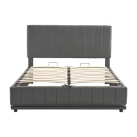 Upholstered Double Bed with Storage, LED Lighting, Channel Tufted Headboard, Modern PU Leather Ottoman Bed, 201L x 147W x 114H cm, Grey(m-2)