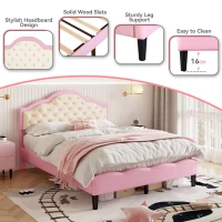 Button-Tufted High Headboard Bed with Solid Wood Slat, Pink Double Bed for Bedroom, Easy Assembly, 199.5L x 139W x 110H cm, Beige+Pink(m-5)
