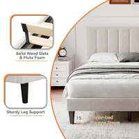 Double Upholstered Velvet Bed Frame with Adjustable Headboard, Solid Wood Slats, Noise-Free Design, 194L x 140W x 110H cm, Beige(m-6)