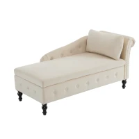 Luxious Designed Velvet Chaise Sofa Bed with Storage, Rectangle Cushion, Button-Tufted Lounge Chair for Bedroom, 144L x 62W x 69H cm, Beige(m-2)
