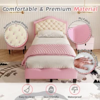 3FT Single Wood Bed with Adjustable Button-Tufted Headboard, Easy Assembly, Upholstered Bed for Kids, 199.5L x 92.0W x 109.5H cm, Beige+Pink(m-4)