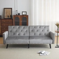 Adjustable Velvet Couch Bed with Storage Pockets, Removable Armrests, Button-Tufted 2 Seater Settee, 191L x 85W x 80H cm, Light Gray(m-1)