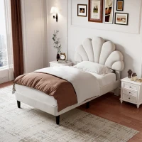 3FT Single Upholstered Velvet Bed Frame with Adjustable Petal Headboard, No Box Spring Needed, Easy Assembly, 194L x 107W x 107H cm, Beige(m-8)