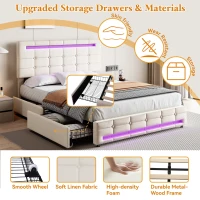 Double Bed Frame with Storage, Adjustable Headboard, Easy Assembly, 198.5L x 143W x 107.5H cm, Beige(m-6)