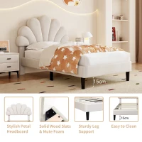 3FT Single Upholstered Velvet Bed Frame with Adjustable Petal Headboard, No Box Spring Needed, Easy Assembly, 194L x 107W x 107H cm, Beige(m-6)