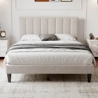 Double Upholstered Velvet Bed Frame with Adjustable Headboard, Solid Wood Slats, Noise-Free Design, 194L x 140W x 110H cm, Beige(m-1)