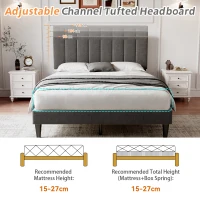 Headboard Adjustable Velvet Double Bed Base with Noise-Free Design, Double Wooden Bedframe for Bedroom, 194L x 140W x 110H cm, Grey(m-4)