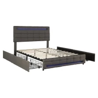 Double Upholstered Bed with LED Lighting and Storage Drawers, Adjustable Headboard, Easy Assembly, 198.5L x 143W x 107.5H cm, Grey(m-12)