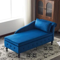 Velvet Upholstered Chaise Sofa Bed with Storage, Pillow, Nailhead-Trim, Button-Tufted Lounge Chair, 144L x 62W x 69H cm, Blue(m-1)