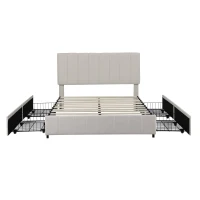 Velvet Double Upholstered Bed with 4 Storage Drawers and Adjustable Channel Tufted Headboard, Easy Assembly, 196L x 143W x 108H cm, Beige(m-13)