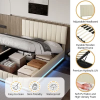 PU Leather Ottoman Bed Frame with LED Lighting, Hydraulic Storage and Channel Tufted Headboard, 201L x 147W x 114H cm, Beige(m-6)