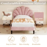 3FT Single Upholstered Velvet Bed Frame with Adjustable Petal Headboard, No Box Spring Needed, Easy Assembly, 194L x 107W x 107H cm, Pink(m-5)