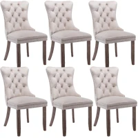 Set of 6 Velvet Upholstered Dining Chairs with High Back and Brushed Wood Legs, Tufted Kitchen Lounge Chairs, 51L x 63.5W x 98H cm, Beige(m-2)
