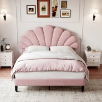 Double Upholstered Velvet Bed Frame with Adjustable Petal Headboard, Solid Wood Slat, No Box Spring Needed, Easy Assembly, Pink(m-7)