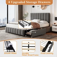 Velvet Double Upholstered Bed with 4 Storage Drawers and Adjustable Channel Tufted Headboard, Easy Assembly, 196L x 143W x 108H cm, Grey(m-6)
