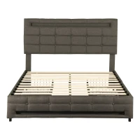 Double Upholstered Bed with LED Lighting and Storage Drawers, Adjustable Headboard, Easy Assembly, 198.5L x 143W x 107.5H cm, Grey(m-2)