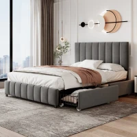 Velvet Double Upholstered Bed with 4 Storage Drawers and Adjustable Channel Tufted Headboard, Easy Assembly, 196L x 143W x 108H cm, Grey(m-7)