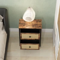 HOMCOM Bedside Table, Side Table with 2 Rattan Drawers, Bedside Cabinet with Storage and Steel Legs for Bedroom, Living Room, Rustic Brown(m-7)