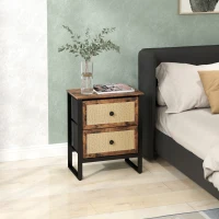HOMCOM Bedside Table, Side Table with 2 Rattan Drawers, Bedside Cabinet with Storage and Steel Legs for Bedroom, Living Room, Rustic Brown(m-2)