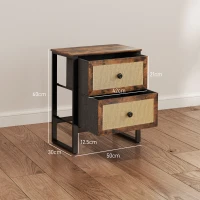 HOMCOM Bedside Table, Side Table with 2 Rattan Drawers, Bedside Cabinet with Storage and Steel Legs for Bedroom, Living Room, Rustic Brown(m-3)