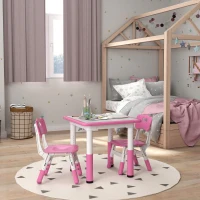 AIYAPLAY Height Adjustable Toddler Table and Chair Set, 3 Pcs Children Activity Table w/ 2 Chairs, for Playroom, Bedroom - Pink(m-10)
