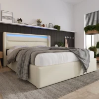 Bett 140x200 mit Bettkasten, hydraulisches Doppelbett mit LEDs und Fernbedienung, Weiß(m-1)