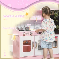 AIYAPLAY Pretend Play Kitchen Kids Kitchen Playset w/ Toy Phone, Chalkboard, Microwave, Cooking Stove, Sink(m-7)
