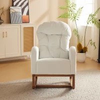 Sedia a dondolo con gambe in legno massello, sedia imbottita, poltrona lounge per soggiorno, camera da letto e balcone,  68,5x88x101 cm, Bianco(m-4)