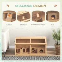 PawHut Hamster Cage, Wooden Small Animal Cage for Gerbils, Mice w/ Suspension Bridge, Openable Top, Hut, 85 x 45 x 44cm Nature(m-4)