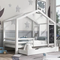 Lit Maison pour Enfants 90x200 cm en Bois Massif avec Tableau, Barrière de Sécurité (Barrière de Lit Enfants) et 2 Tiroirs, Blanc(m-4)