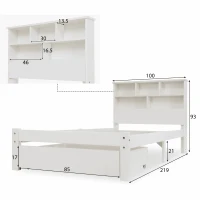 Einzelbett 90x200 Weiss mit Schubladen und Bücherregal, Schrankbett mit Rollen für Jugendliche und Erwachsene(m-3)