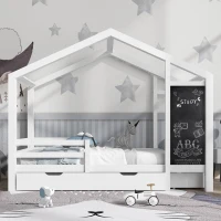 Lit Maison pour Enfants 90x200 cm en Bois Massif avec Tableau, Barrière de Sécurité (Barrière de Lit Enfants) et 2 Tiroirs, Blanc(m-5)