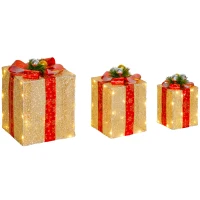 Outsunny 3-delige Kerstdecoratie Geschenkdozenset voor Binnen- en Buitendecoratie, met 58 LED-lampjes, Goudtint(m-10)