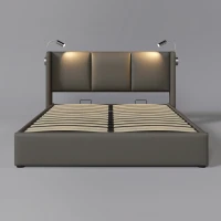 Bettgestell 140x200 – Doppelbett mit Stauraum, LED-Lampe und USB-Anschluss fürs Wohnzimmer, robust, gepolstertes Kopfteil, grau(m-7)