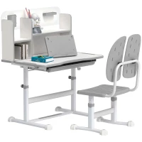 AIYAPLAY Height Adjustable Kids Desk and Chair Set, Children School Study Desk with Tiltable Desktop, Reading Rack, Grey(m-1)