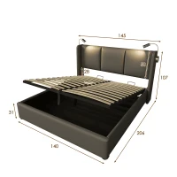 Bettgestell 140x200 – Doppelbett mit Stauraum, LED-Lampe und USB-Anschluss fürs Wohnzimmer, robust, gepolstertes Kopfteil, grau(m-3)