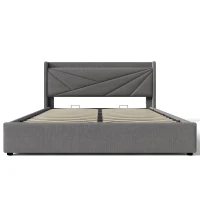 Lit Double avec Rangement, Fonction de Recharge USB Type C et Structure de Lit Double en Lin, Sans Matelas 160x200, Gris(m-7)