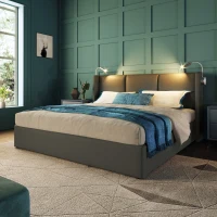Lit Double avec Rangement, Lumières de Lecture LED et USB Intégré, Tête de Lit Rembourrée, Structure Robuste, 140x200 cm, Gris(m-1)