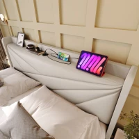 Lit Double avec Rangement, Fonction de Recharge USB Type C et Structure de Lit Double en Lin, Sans Matelas 160x200, Beige(m-6)