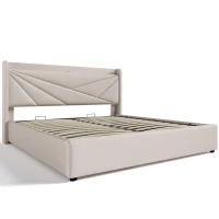 Lit Double avec Rangement, Fonction de Recharge USB Type C et Structure de Lit Double en Lin, Sans Matelas 160x200, Beige(m-2)