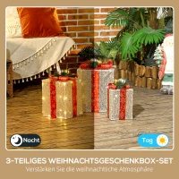 Outsunny 3-delige Kerstdecoratie Geschenkdozenset voor Binnen- en Buitendecoratie, met 58 LED-lampjes, Goudtint(m-4)
