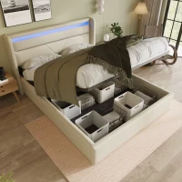 Lit Double Hydraulique avec LED Intégrés et Télécommande, Structure Rembourrée 140x200 cm, Fonctionnel et Moderne, avec Rangement, Blanc(m-6)