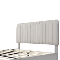 Lit Double Rembourré 140x200 cm avec Sommier à Lattes et Tête de Lit Double Rembourrée Réglable en Tissu, Gris-Beige(m-5)