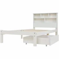 Einzelbett 90x200 Weiss mit Schubladen und Bücherregal, Schrankbett mit Rollen für Jugendliche und Erwachsene(m-8)