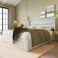 Lit Double Hydraulique avec LED Intégrés et Télécommande, Blanc